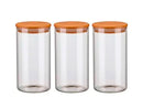 Conjunto de 3 potes de vidro herméticos para condimentos, 1100ml, com tampa de madeira e porta de bambu.